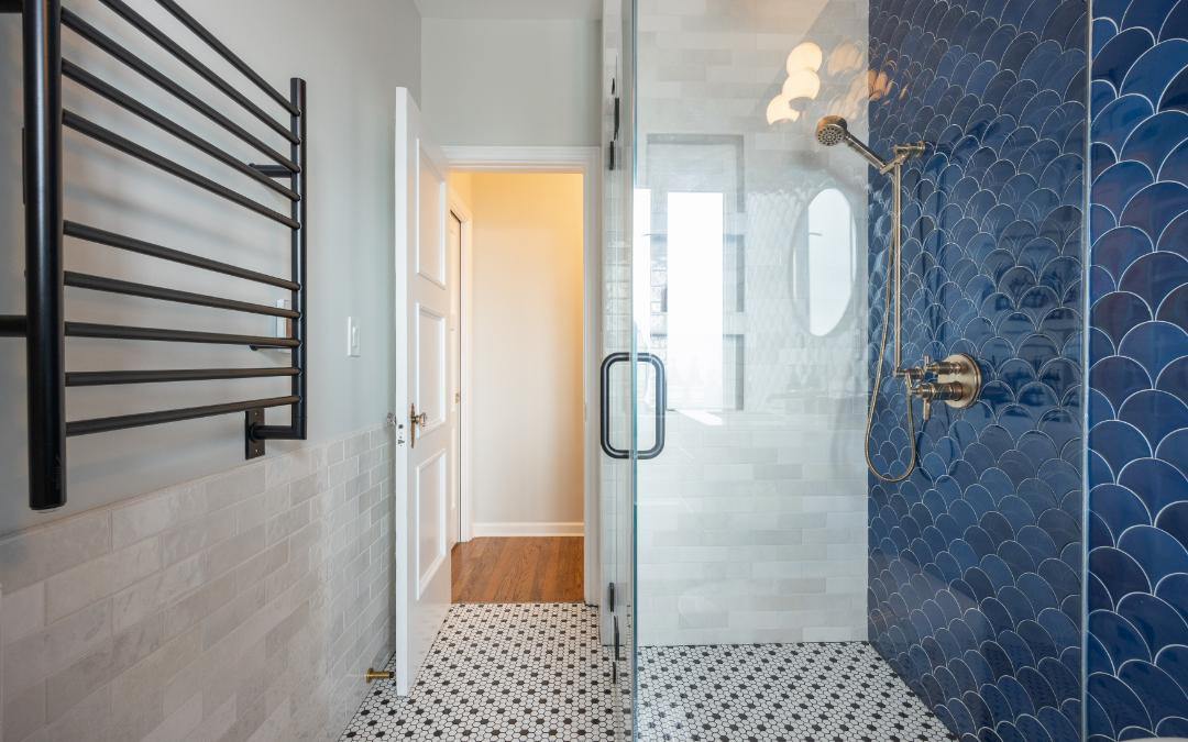 Green St - bathroom remodel with blue tile shower and tile floors