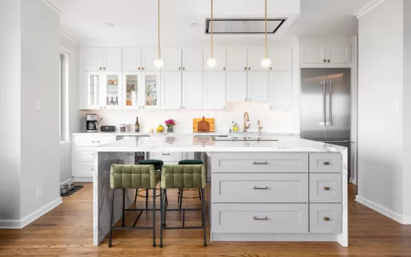 Green St - modern kitchen remodel with white cabinets and new lighting fixtures