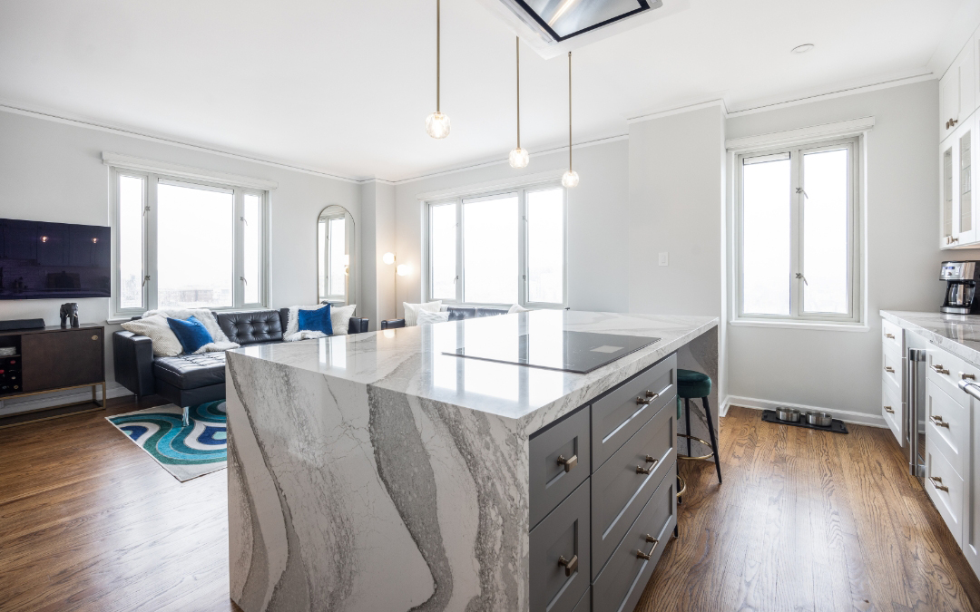 Green St - modern kitchen remodel with white countertops and wood floors