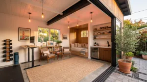 Modern Bay Area garage conversion transformed into a bright multi-purpose living space with office and lounge areas.