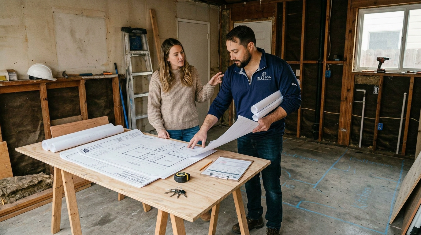 Homeowners reviewing ADU garage conversion plans with a remodeling contractor