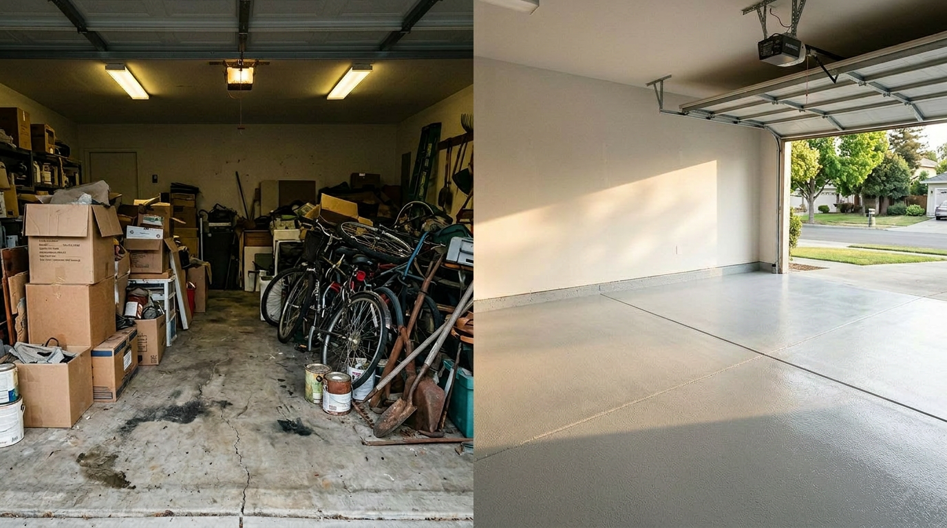 Garage cleared and prepared for a home gym conversion project