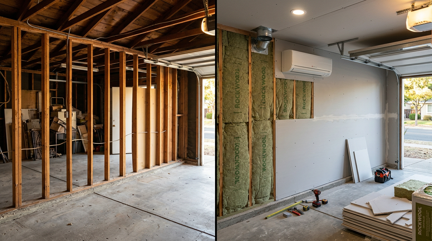 Garage gym remodel with insulation and climate control upgrades