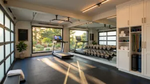 Modern garage conversion into a home gym by Mission Home Remodeling in the San Francisco Bay Area
