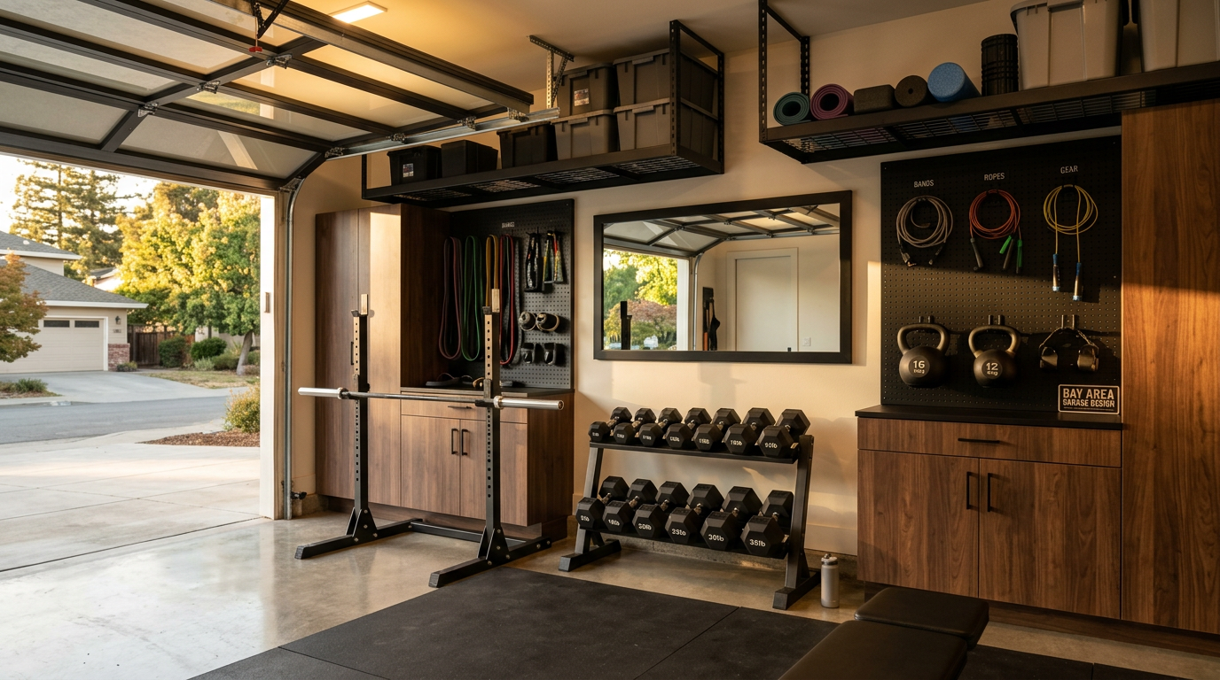 Organized garage gym with custom storage and workout equipment