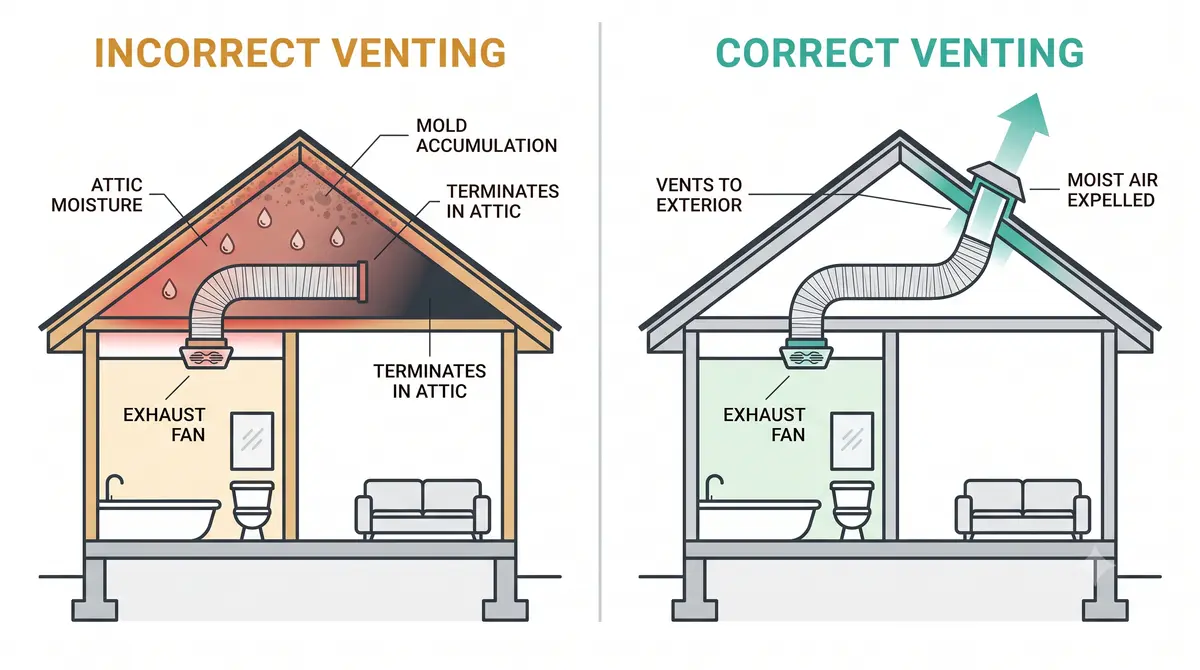 Diagram comparing incorrect exhaust fan venting into an attic versus correct venting directly outside, a common issue in older Burlingame homes.