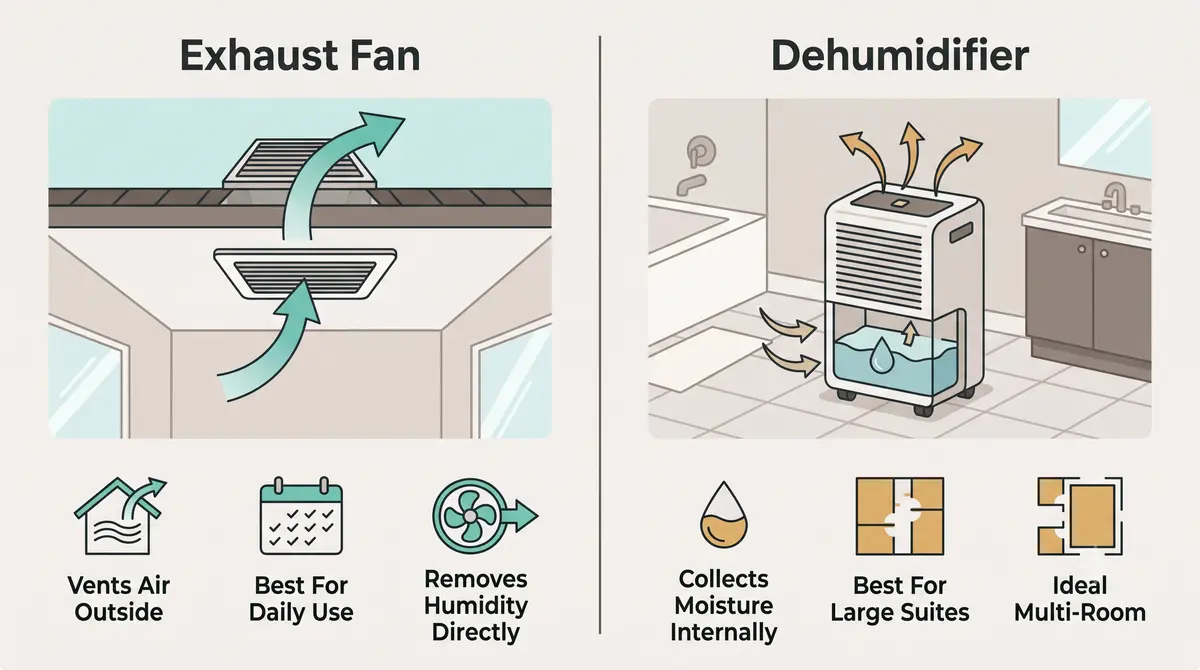 Side-by-side comparison diagram of a bathroom exhaust fan versus a dehumidifier, showing how each removes moisture differently.