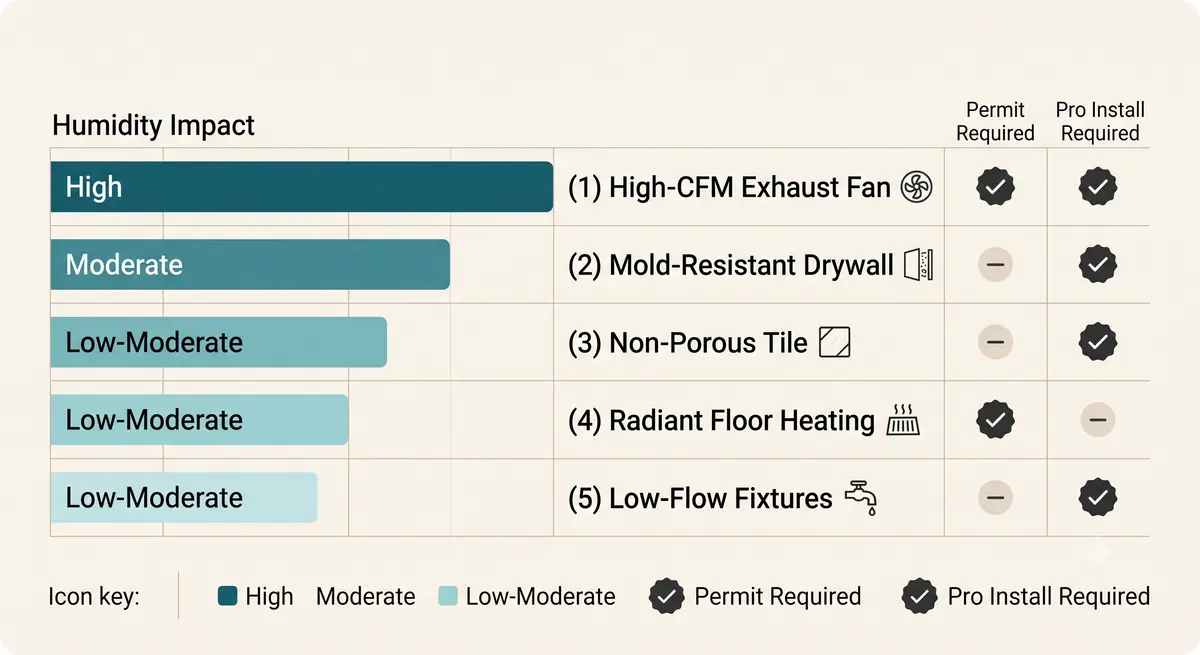 Bar chart comparing humidity impact, permit requirements, and professional install needs for five bathroom remodeling upgrades in Burlingame, CA.