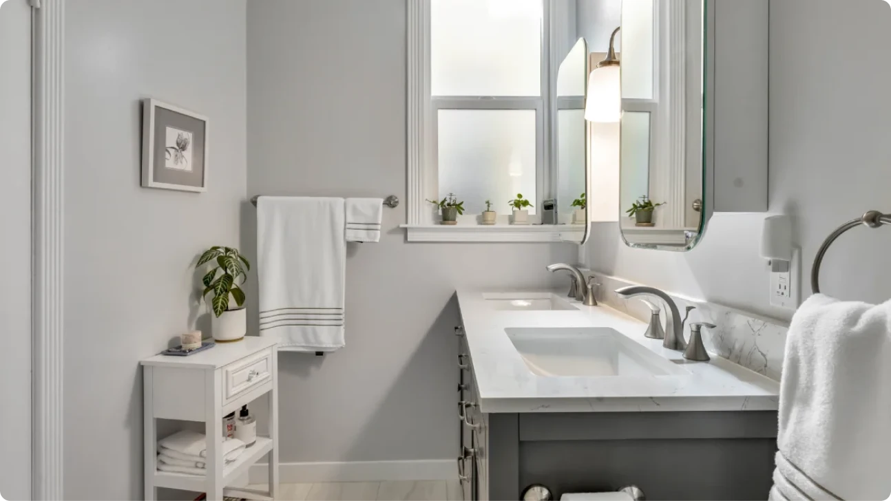 Contemporary Bay Area bathroom renovation with double sink vanity, quartz countertop, modern fixtures, and natural light window