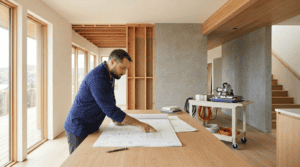 A design-build professional reviews architectural blueprints in a partially renovated San Francisco Bay Area home, with exposed framing and high-end finishes visible in the background.
