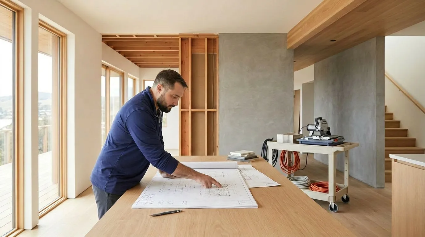 A design-build professional reviews architectural blueprints in a partially renovated San Francisco Bay Area home, with exposed framing and high-end finishes visible in the background.