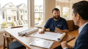 Homeowner and remodeling contractor reviewing permit documents and construction plans for a San Francisco home renovation project.