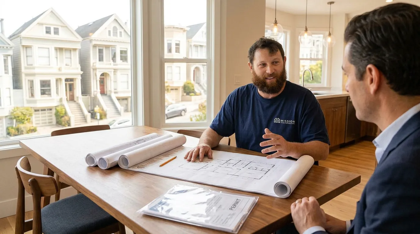 Homeowner and remodeling contractor reviewing permit documents and construction plans for a San Francisco home renovation project