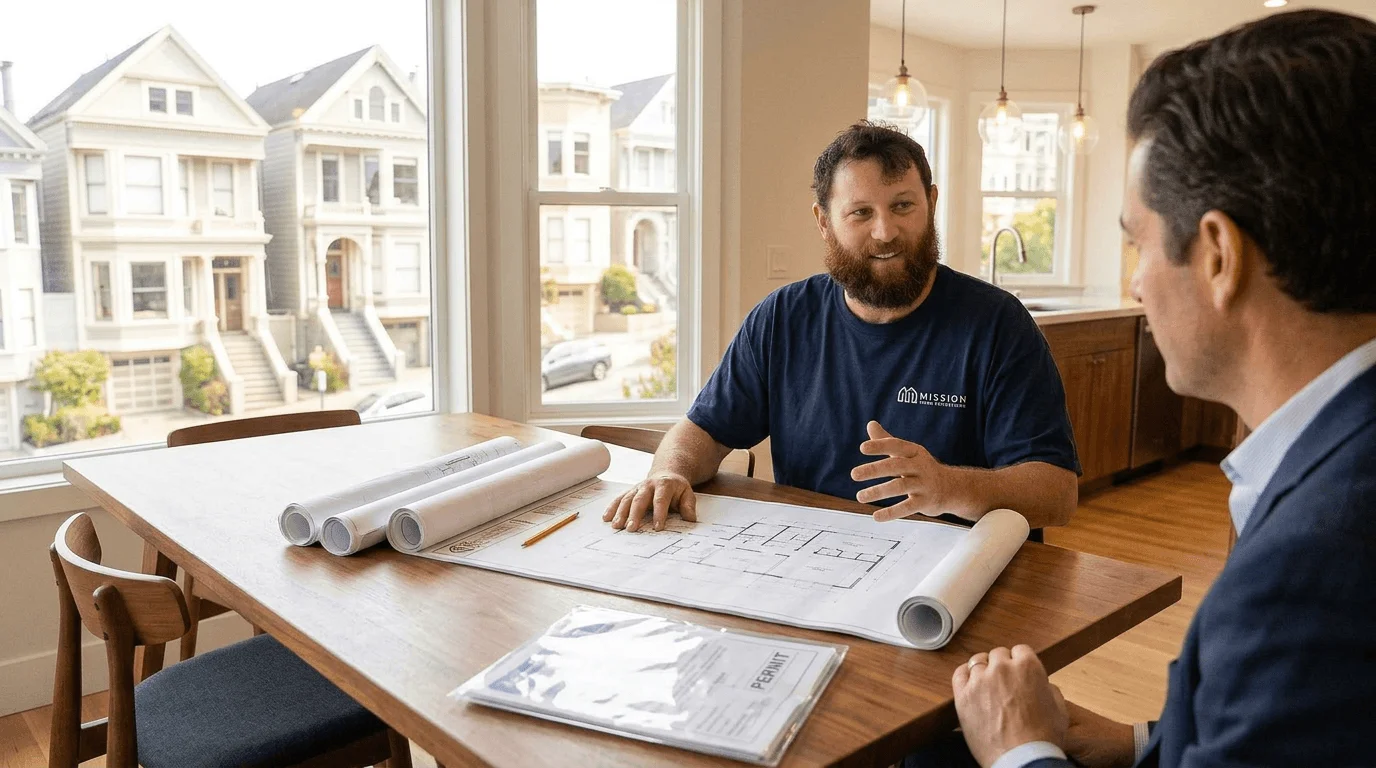 Homeowner and remodeling contractor reviewing permit documents and construction plans for a San Francisco home renovation project.