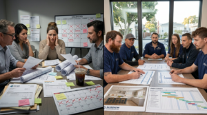 Design-build team and traditional general contractor team meeting with homeowners to discuss a home remodeling project.