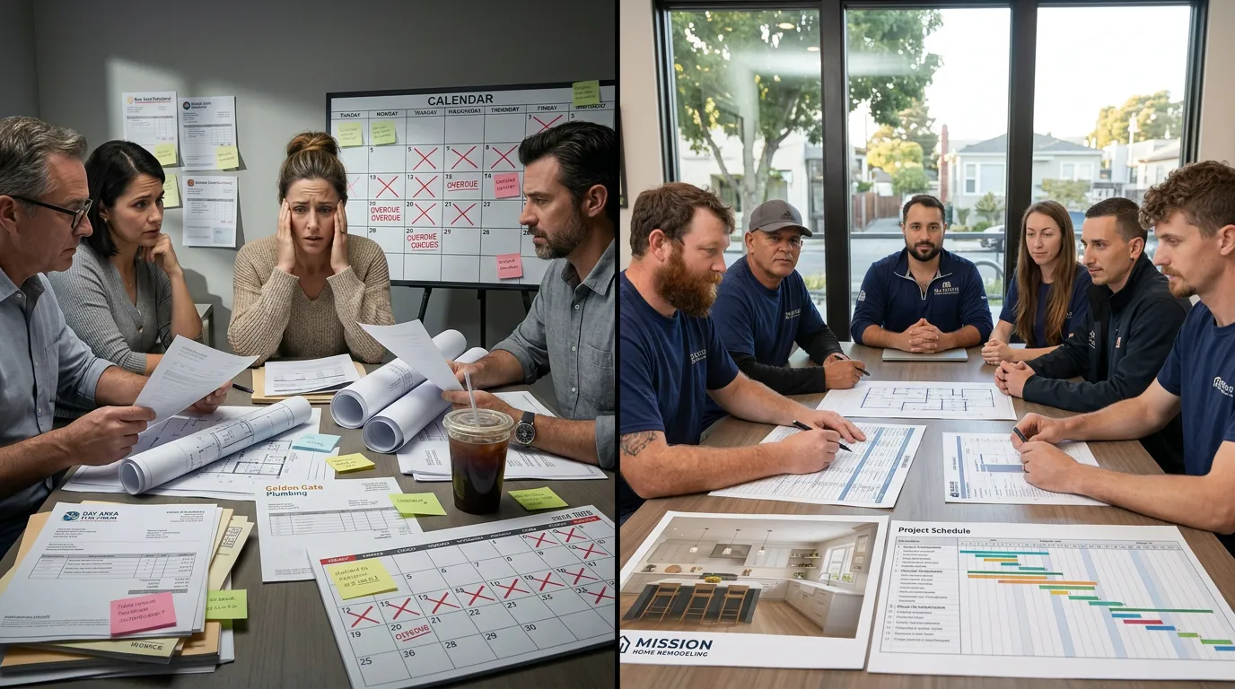 Design-build team and traditional general contractor team meeting with homeowners to discuss a home remodeling project.