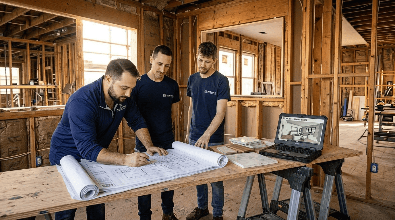 Design-build team collaborating on architectural plans and construction planning for a home remodel.