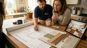Homeowner and remodeling professional reviewing renovation plans before starting a home remodel project.