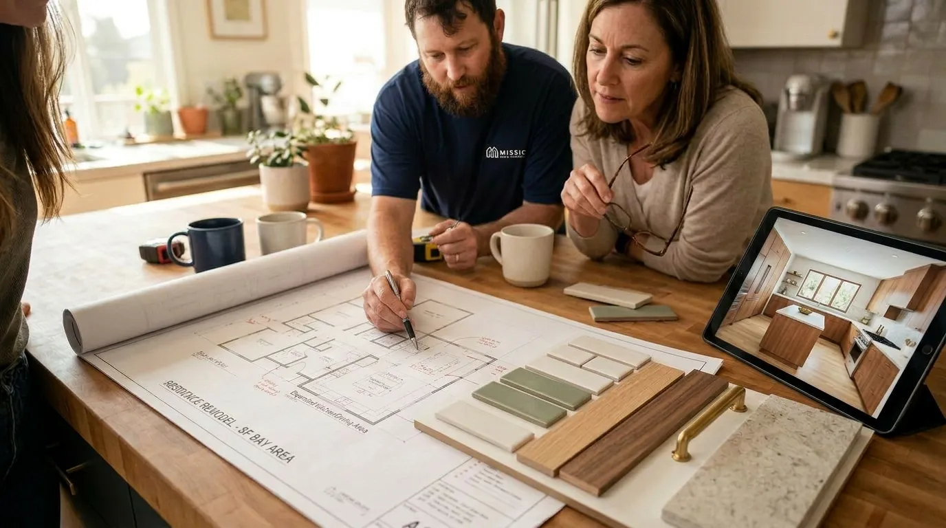 Homeowner and remodeling professional reviewing renovation plans before starting a home remodel project.