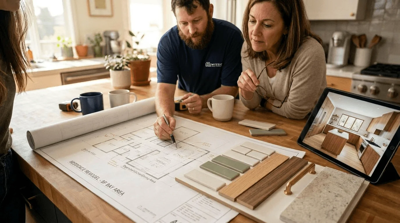 Homeowner and remodeling professional reviewing renovation plans before starting a home remodel project