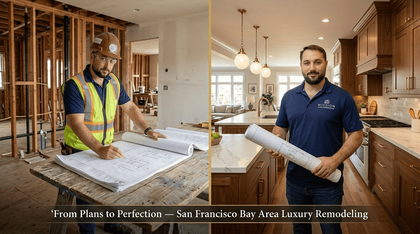 Project manager reviewing completed home renovation work and architectural plans.