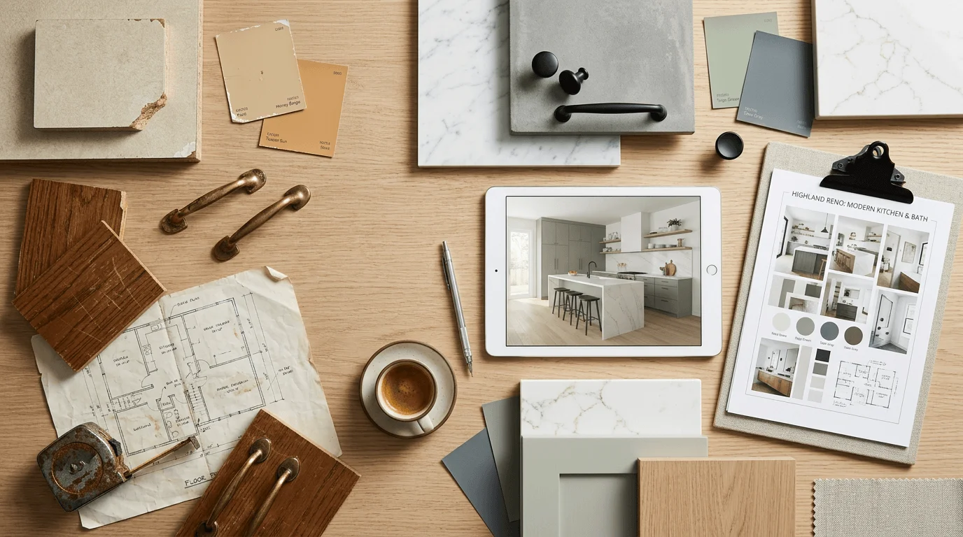 Home remodeling inspiration board with material samples, finishes, and renovation design ideas