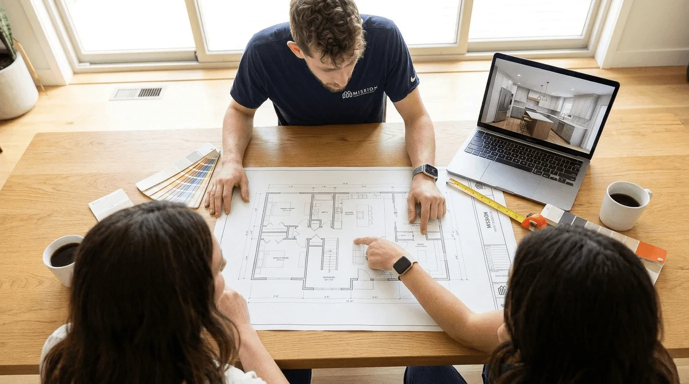 Architect and homeowner reviewing floor plans for a home remodeling project