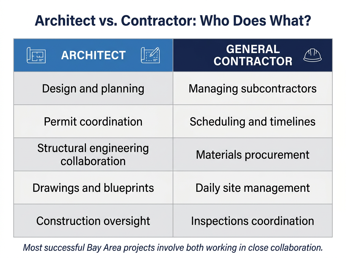 Side-by-side comparison table showing the distinct responsibilities of an architect versus a general contractor in a Bay Area remodeling project.