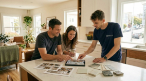 Homeowners discussing remodeling ideas with a contractor before creating renovation plans.