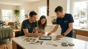 Homeowners discussing remodeling ideas with a contractor before creating renovation plans
