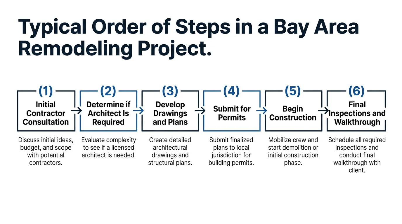 Step-by-step diagram of the typical remodeling project process in the San Francisco Bay Area, from initial consultation through final walkthrough.