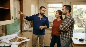 Homeowners meeting with a remodeling professional to discuss their home renovation goals