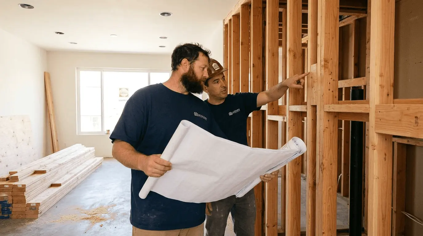 Building inspector reviewing construction work during a residential remodeling project.