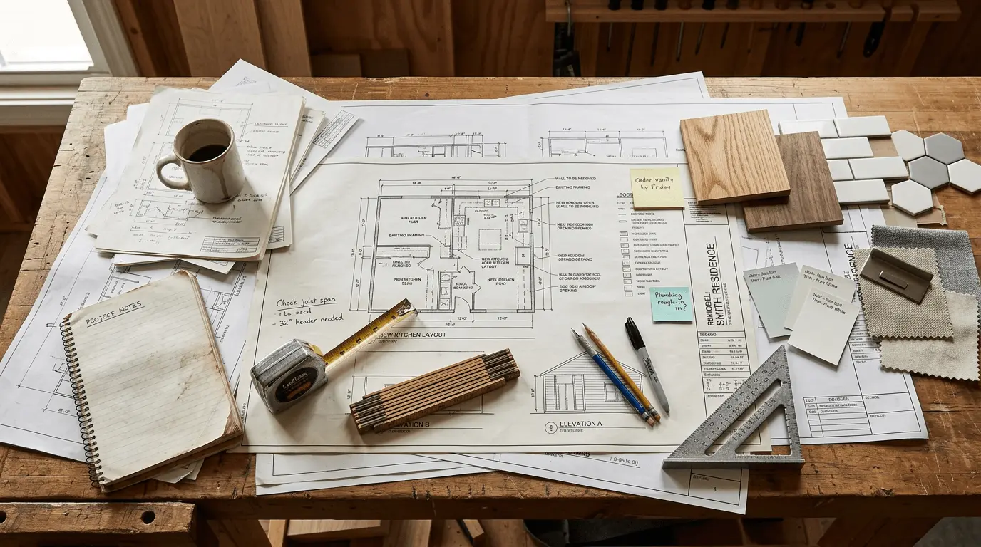 Remodeling plans and material selections being reviewed during project planning