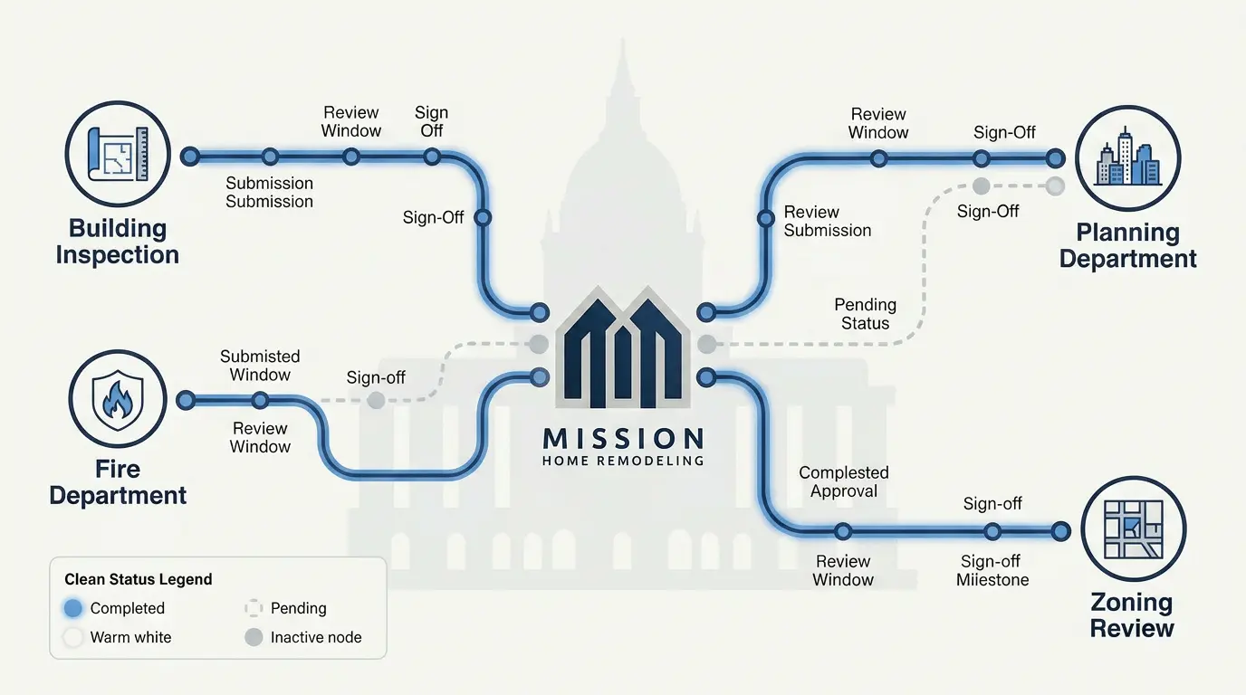 Illustration showing multiple city departments reviewing a San Francisco remodeling permit application.