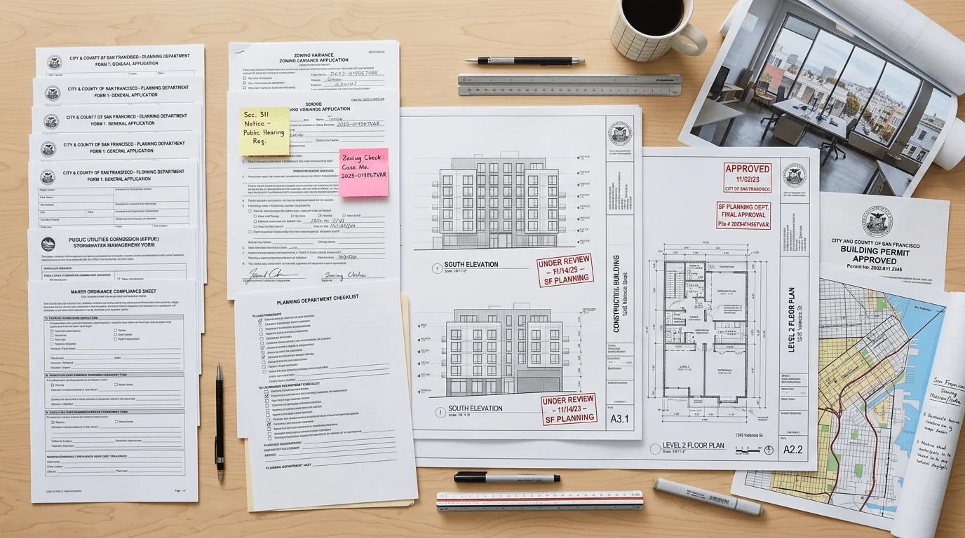 Building permit application documents, construction plans, and city review paperwork for a remodeling project.