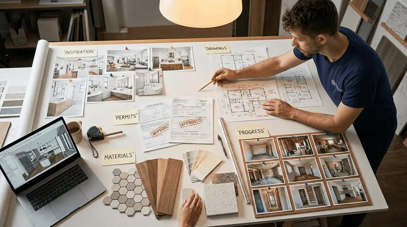 Contractor guiding homeowners through the home remodeling process from planning to construction