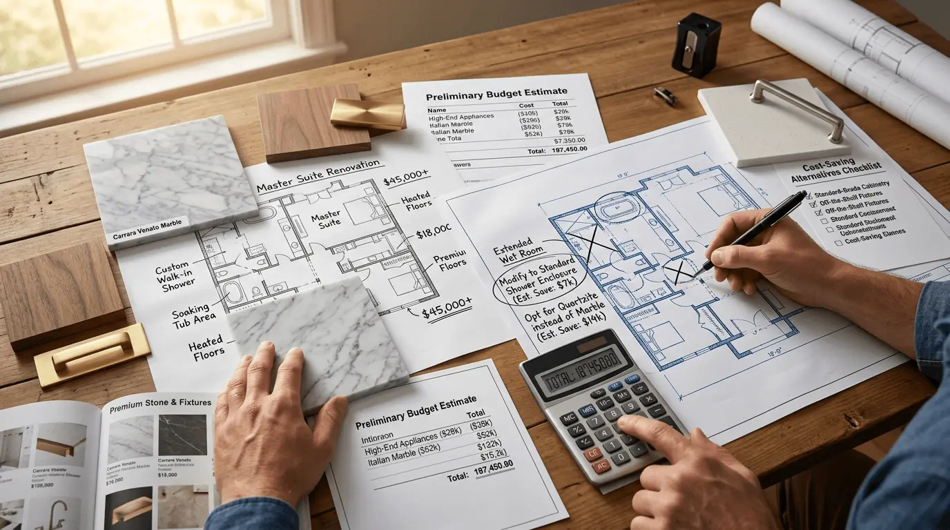 Homeowner reviewing renovation plans and budget estimates before construction begins