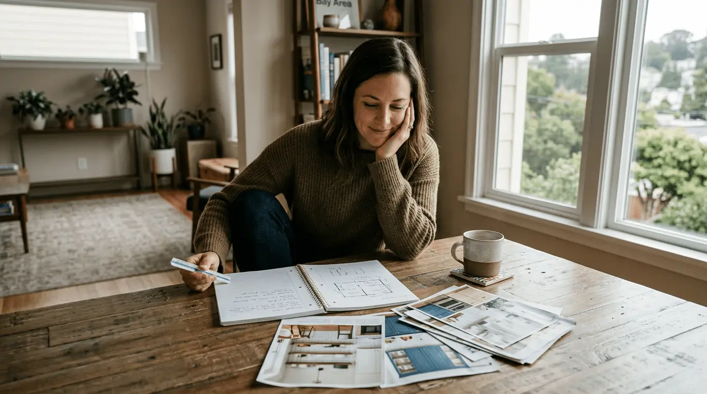 Homeowner reviewing remodeling ideas and planning notes before starting a renovation project