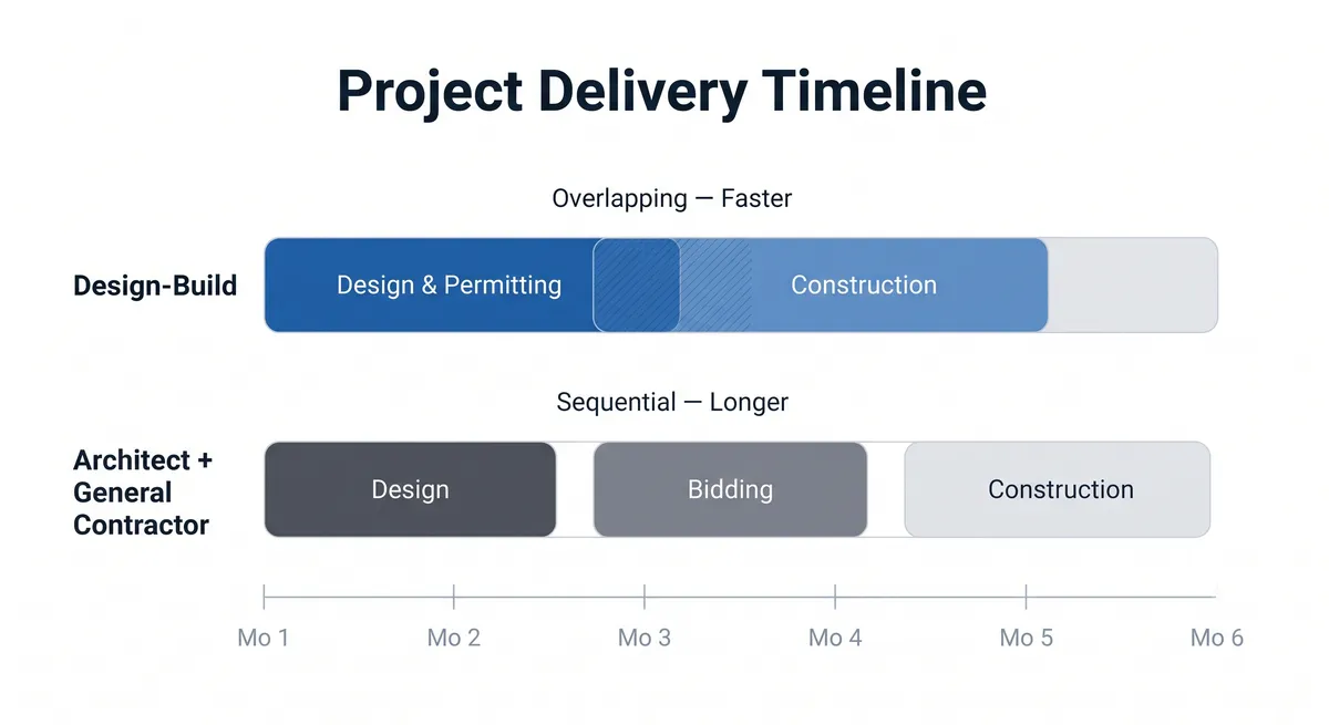 Timeline diagram comparing the overlapping design-build project schedule to the longer, sequential architect and general contractor timeline.