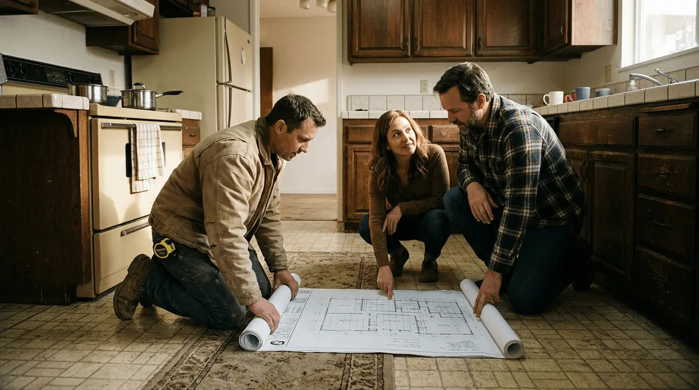 Remodeling contractor meeting homeowners during an in-home renovation consultation
