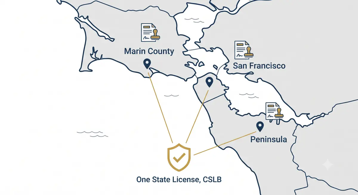 Map of San Francisco, Marin County, and the Peninsula showing local building departments that all require the same California CSLB contractor license