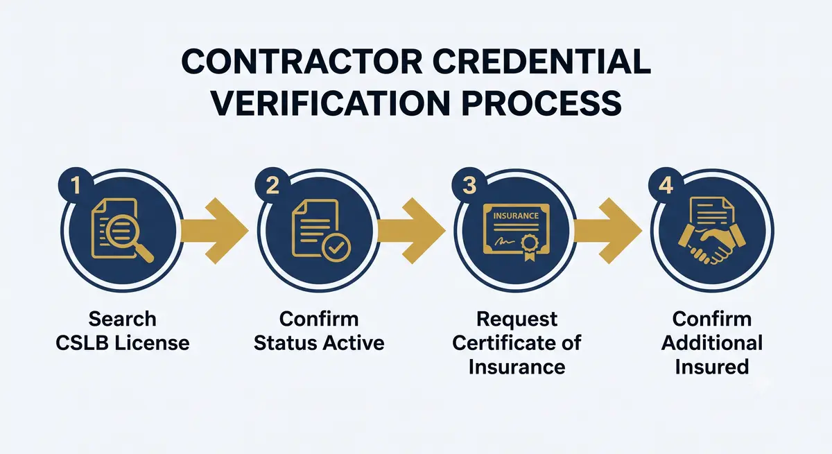 Four-step flowchart for verifying a California general contractor's license and insurance before signing a contract