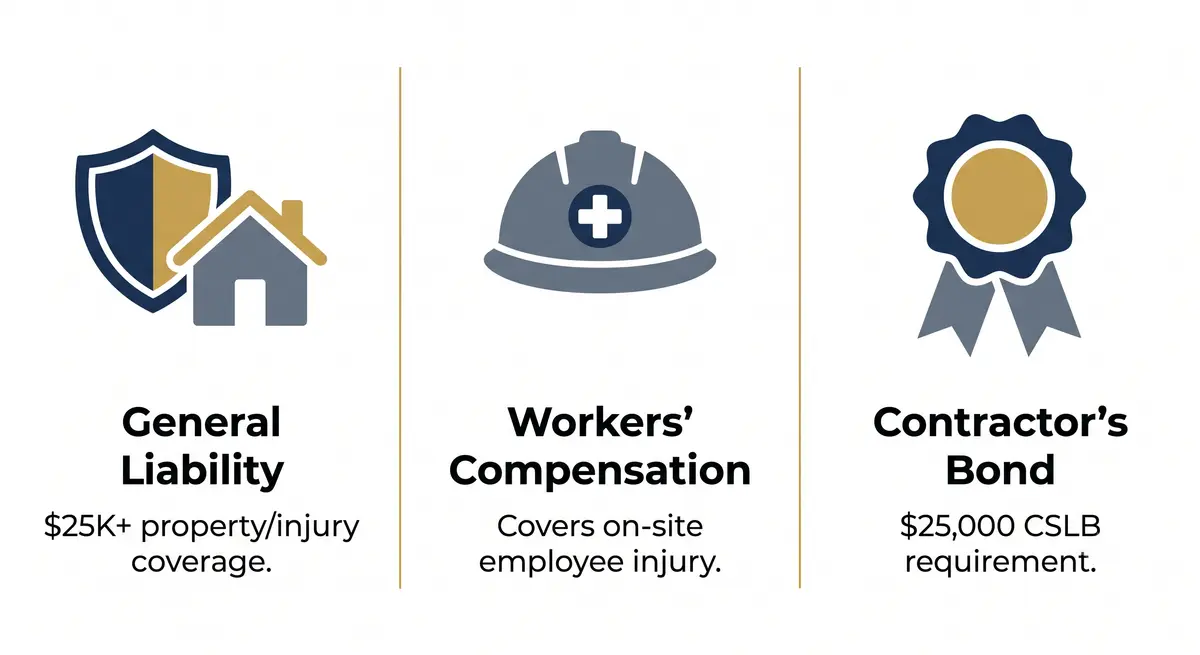 Icon chart comparing general liability insurance, workers' compensation insurance, and a contractor's bond