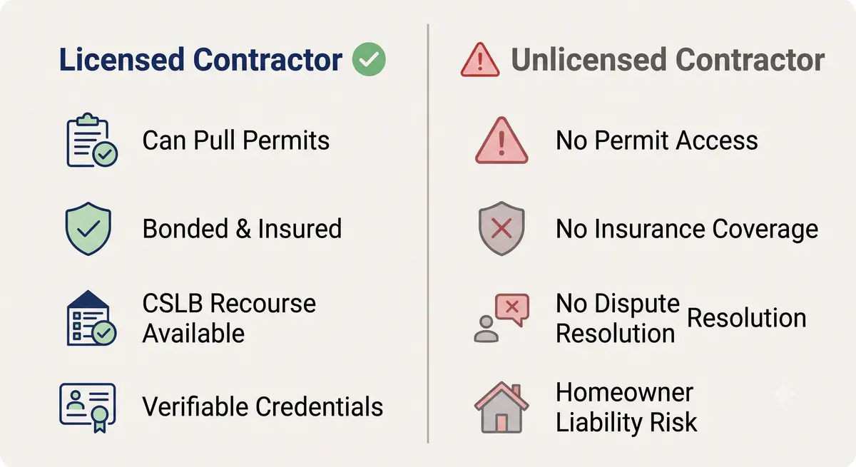Comparison chart showing the risks of hiring an unlicensed contractor versus the protections of a licensed general contractor