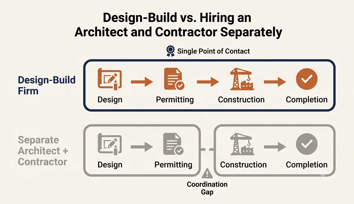 Diagram comparing a design-build firm's single unified process to the coordination gap between hiring a separate architect and contractor