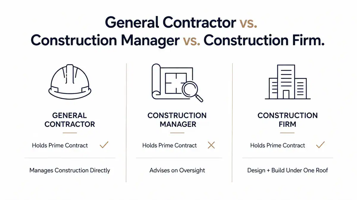 General contractor, construction manager, and construction firm comparison showing contract responsibilities and primary roles