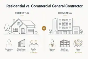 Infographic comparing residential vs. commercial general contractor: client type, wood-frame vs. steel-frame construction, and crew size