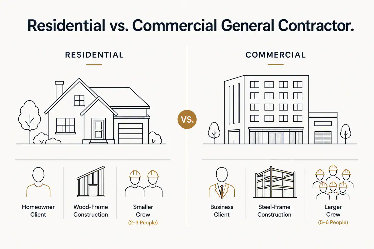 Infographic comparing residential vs. commercial general contractor: client type, wood-frame vs. steel-frame construction, and crew size