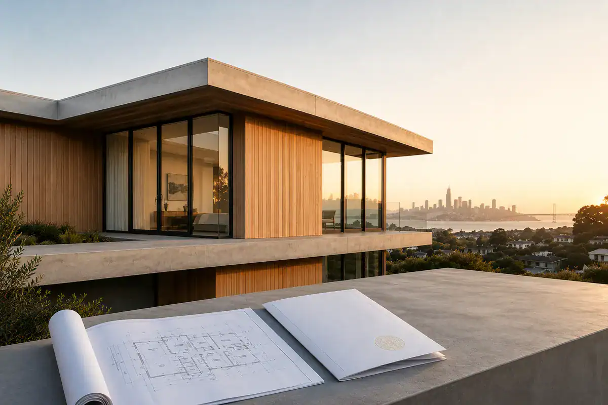 Modern San Francisco home renovation with architectural plans and permit documents overlooking the city skyline